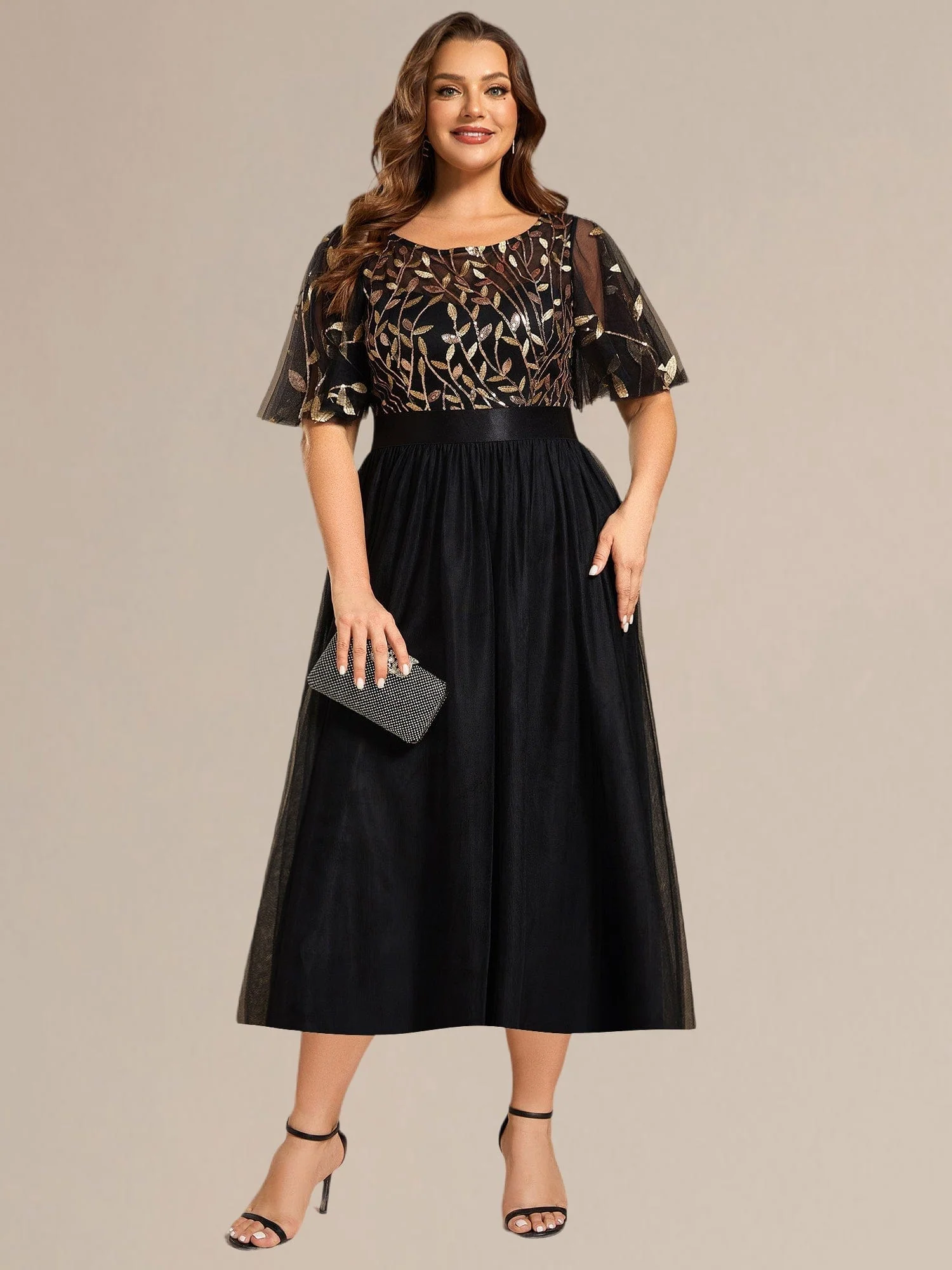 ever TAYLOR|Designer Sequined Leaf Midi Evening Dress - Image 53