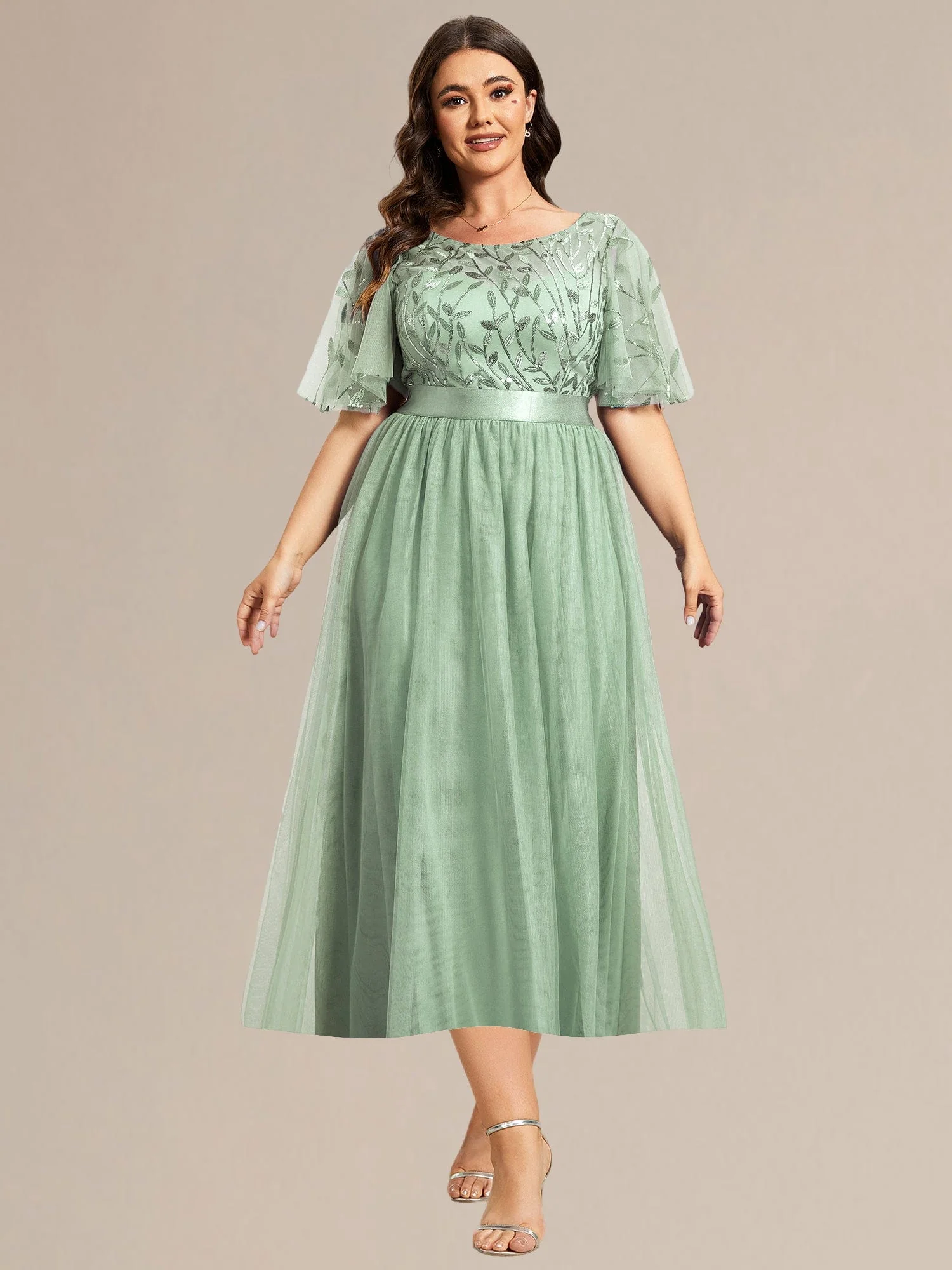 ever TAYLOR|Designer Sequined Leaf Midi Evening Dress - Image 54