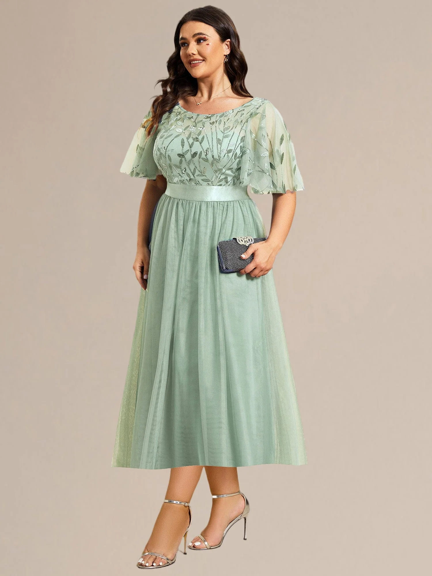 ever TAYLOR|Designer Sequined Leaf Midi Evening Dress - Image 56