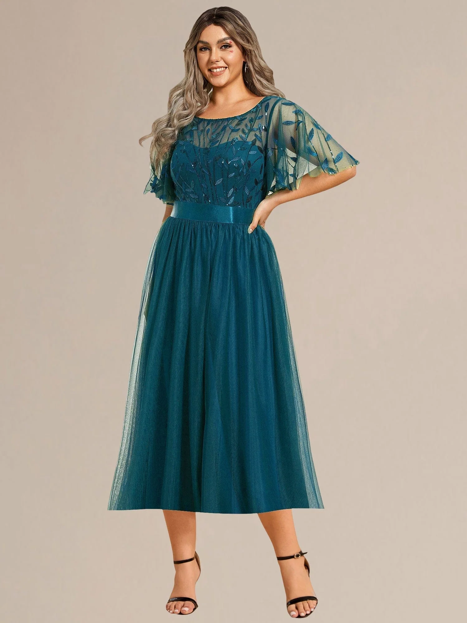 ever TAYLOR|Designer Sequined Leaf Midi Evening Dress - Image 71