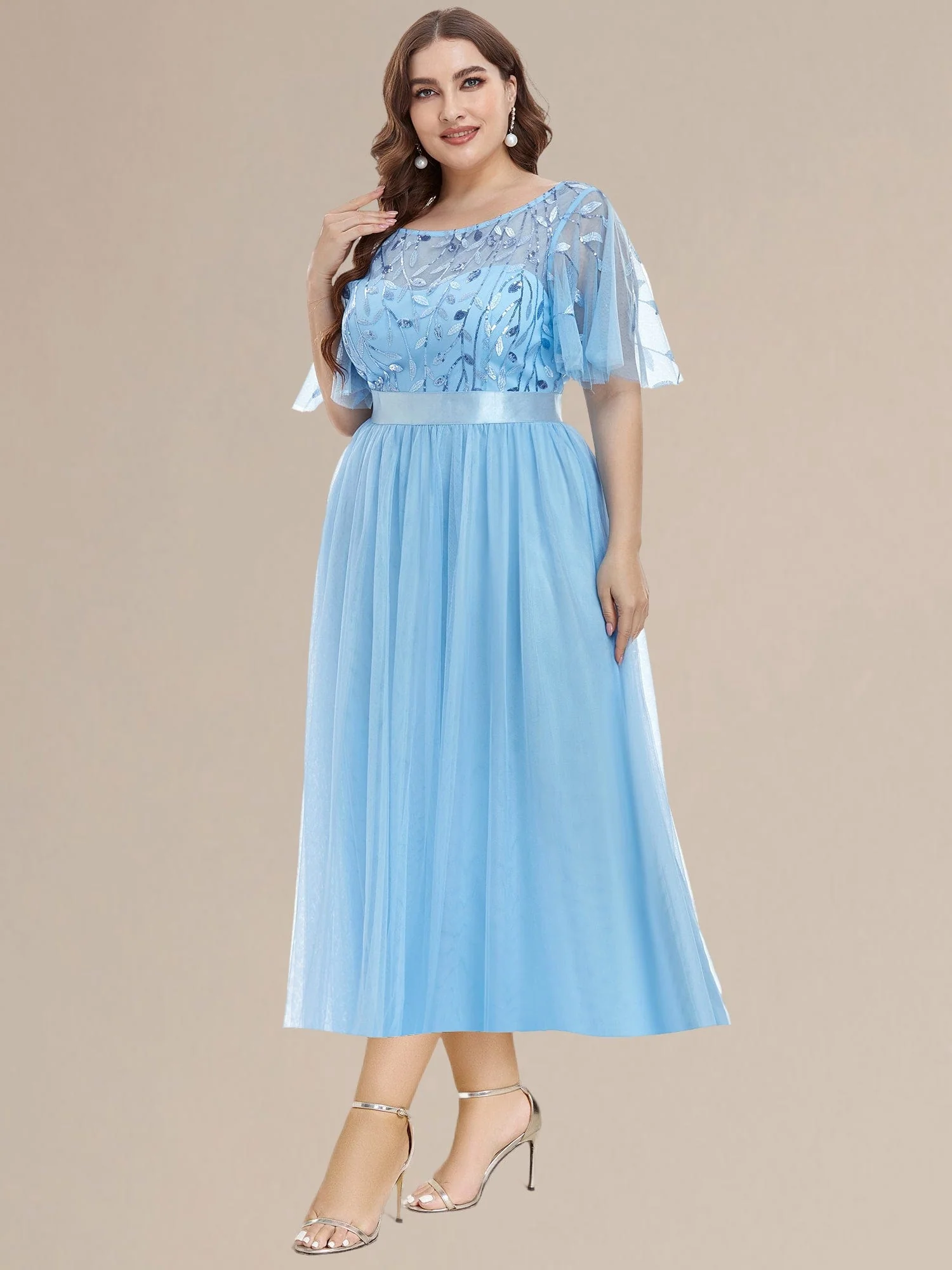 ever TAYLOR|Designer Sequined Leaf Midi Evening Dress - Image 86