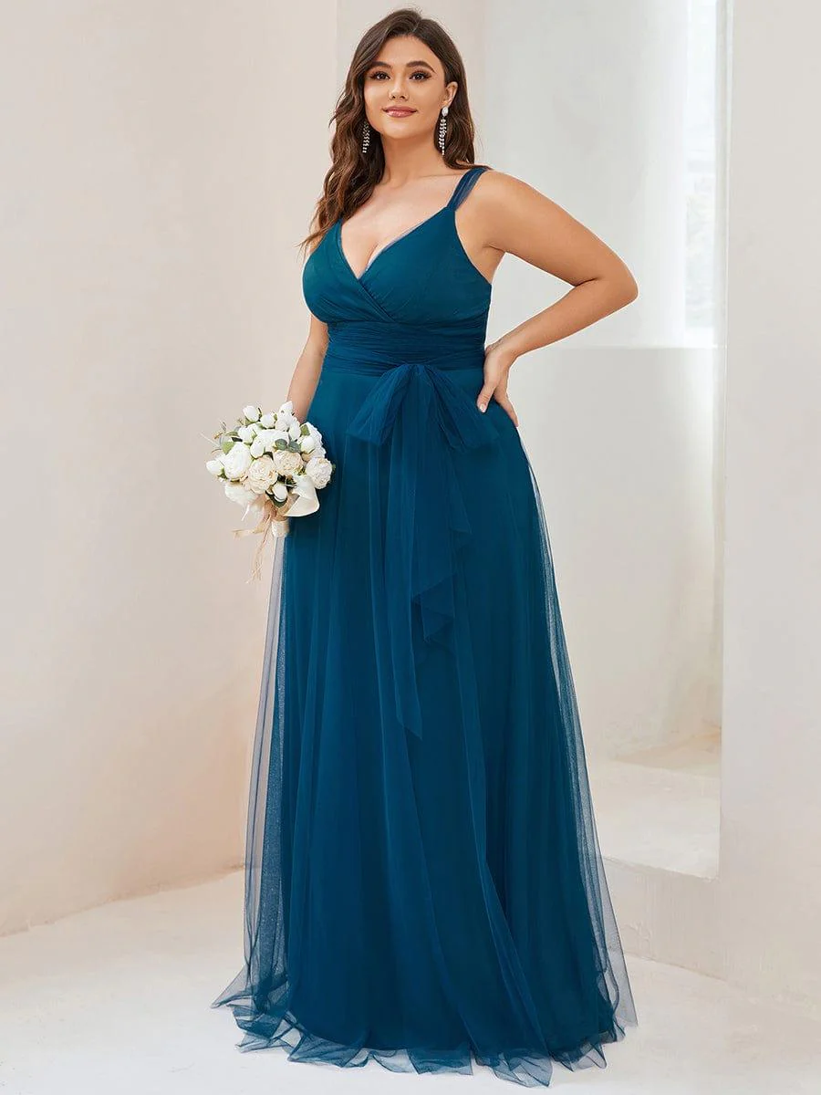Floor Length Double V Neck Tulle Bridesmaid Dresses - Image 11