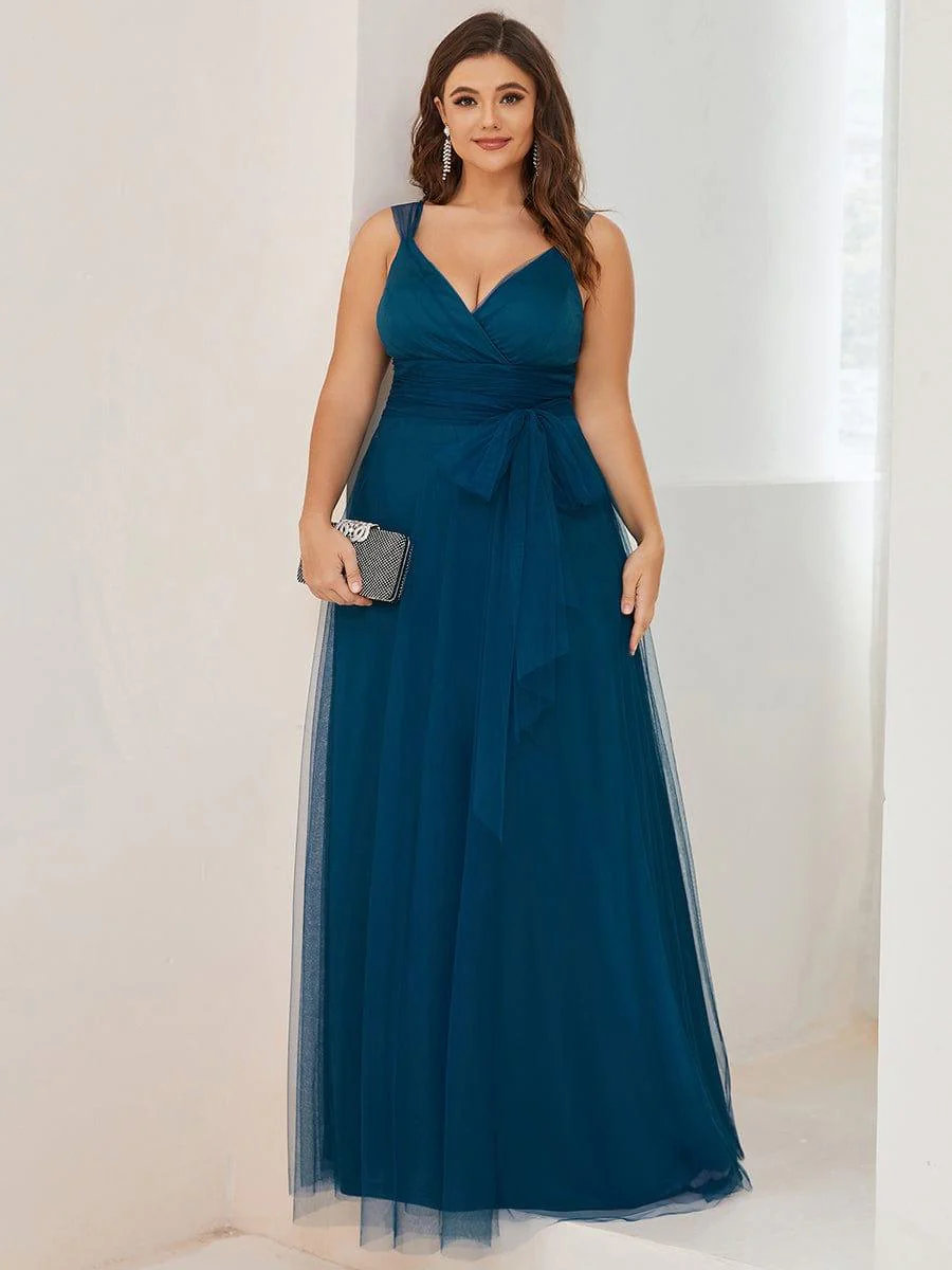Floor Length Double V Neck Tulle Bridesmaid Dresses - Image 13