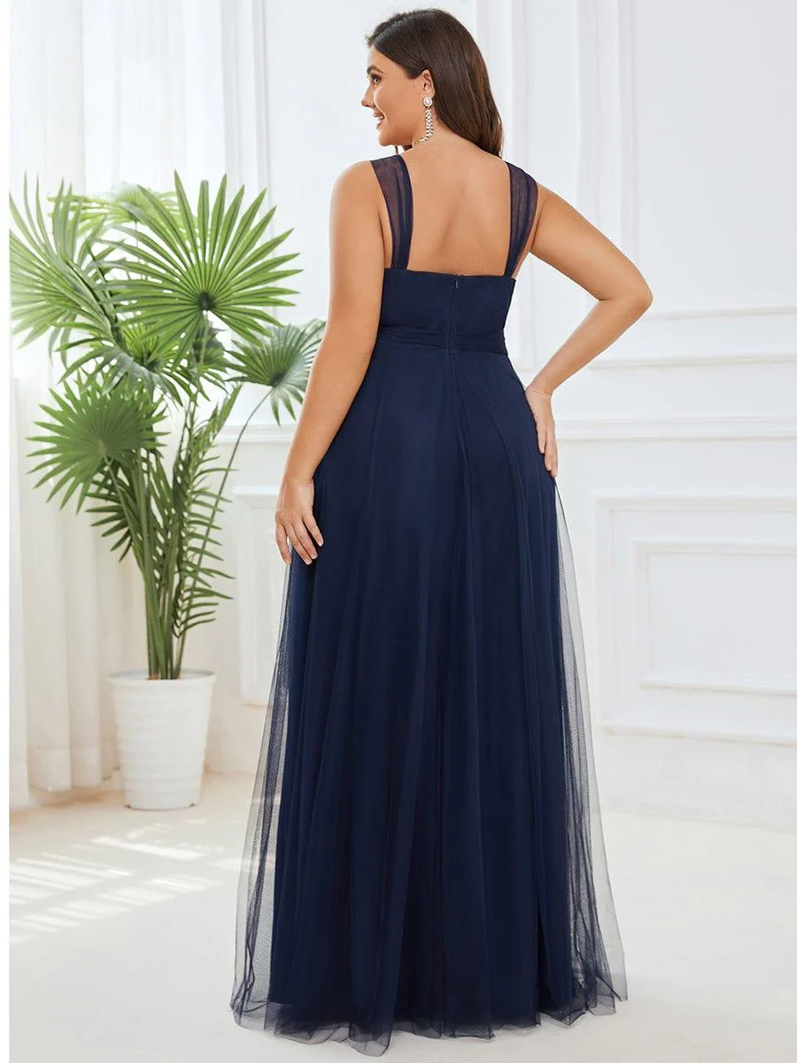 Floor Length Double V Neck Tulle Bridesmaid Dresses - Image 23