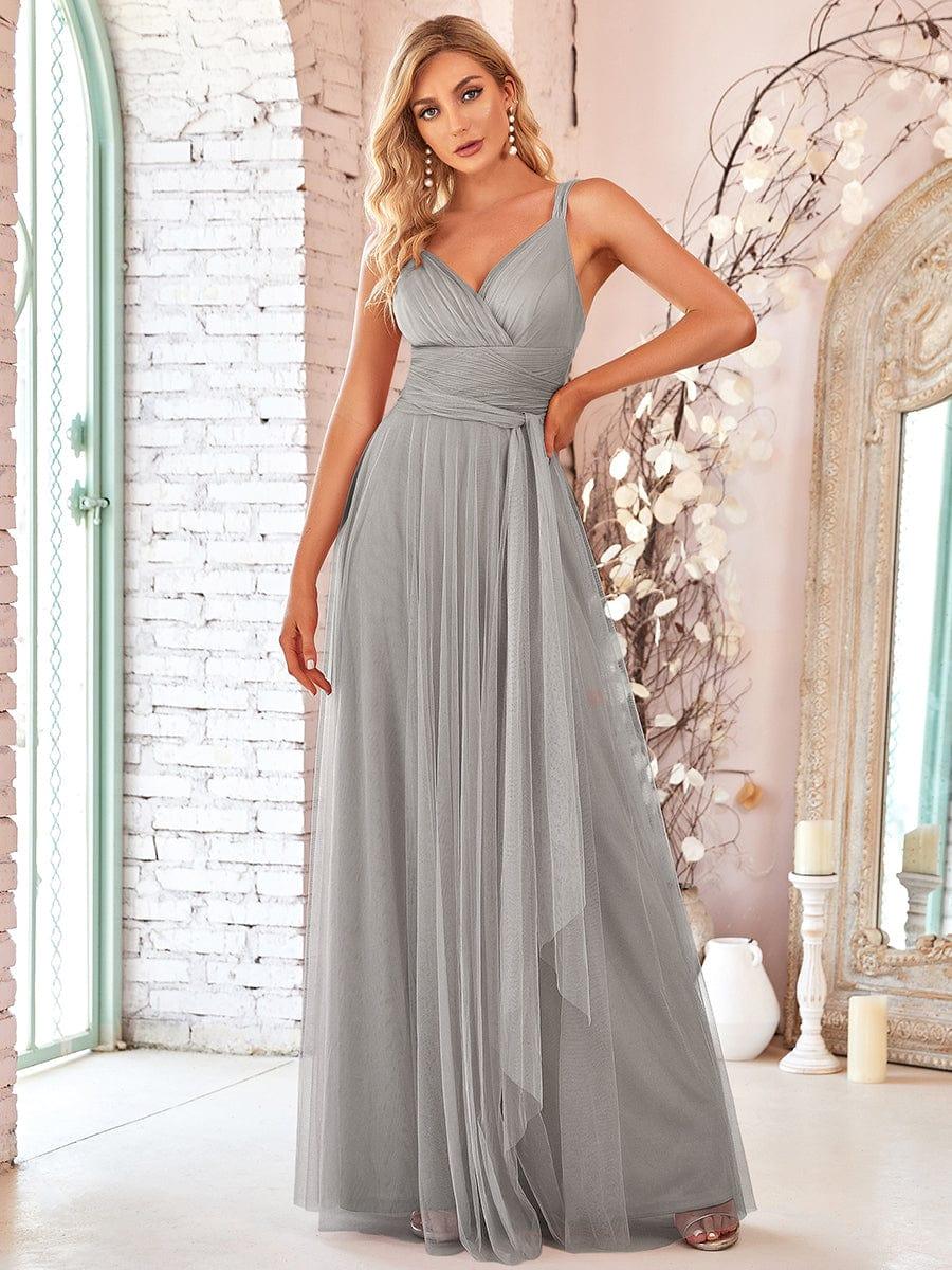 Floor Length Double V Neck Tulle Bridesmaid Dresses - Image 25