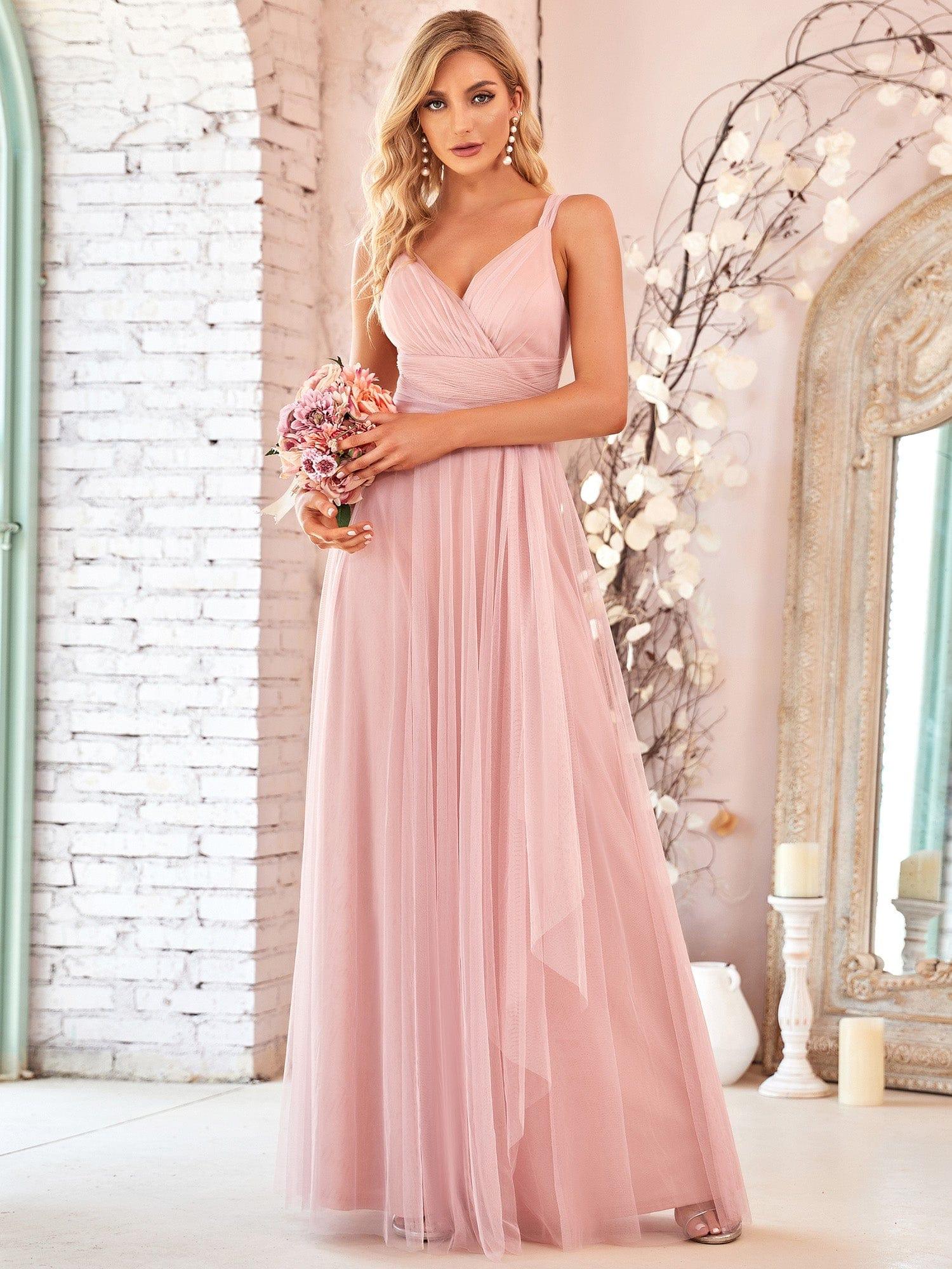 Floor Length Double V Neck Tulle Bridesmaid Dresses - Image 3