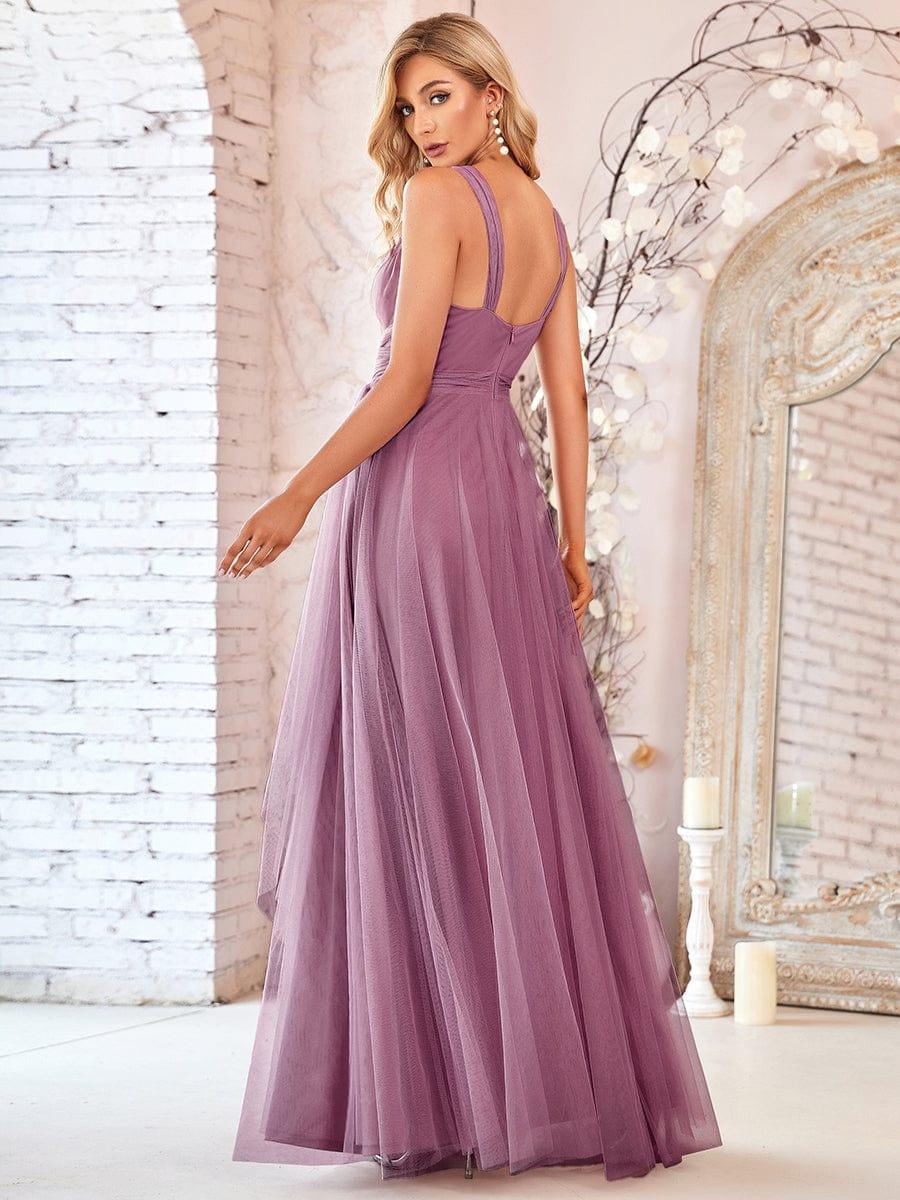 Floor Length Double V Neck Tulle Bridesmaid Dresses - Image 32