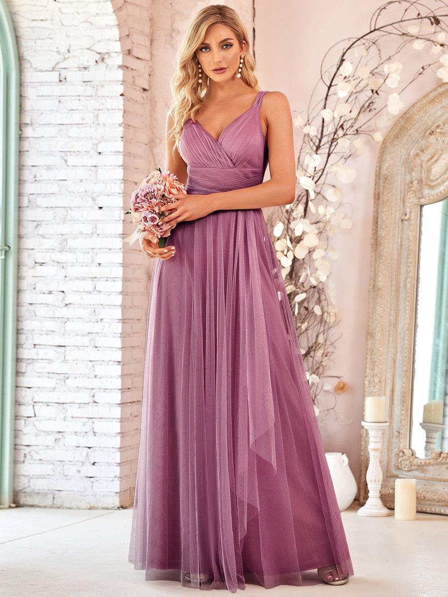 Floor Length Double V Neck Tulle Bridesmaid Dresses - Image 33