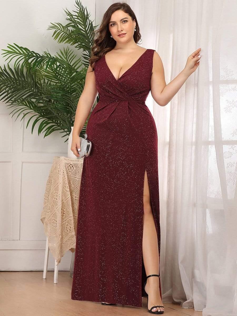 Floor Length V Neck Shimmery Evening Dresses with Side Split - Image 15