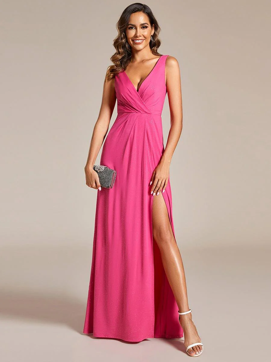 Floor Length V Neck Shimmery Evening Dresses with Side Split - Image 39