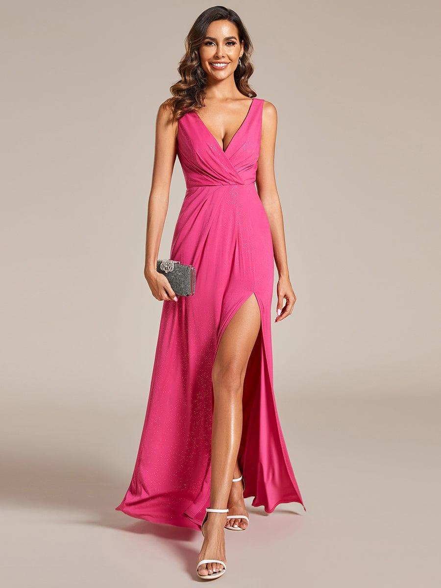 Floor Length V Neck Shimmery Evening Dresses with Side Split - Image 43