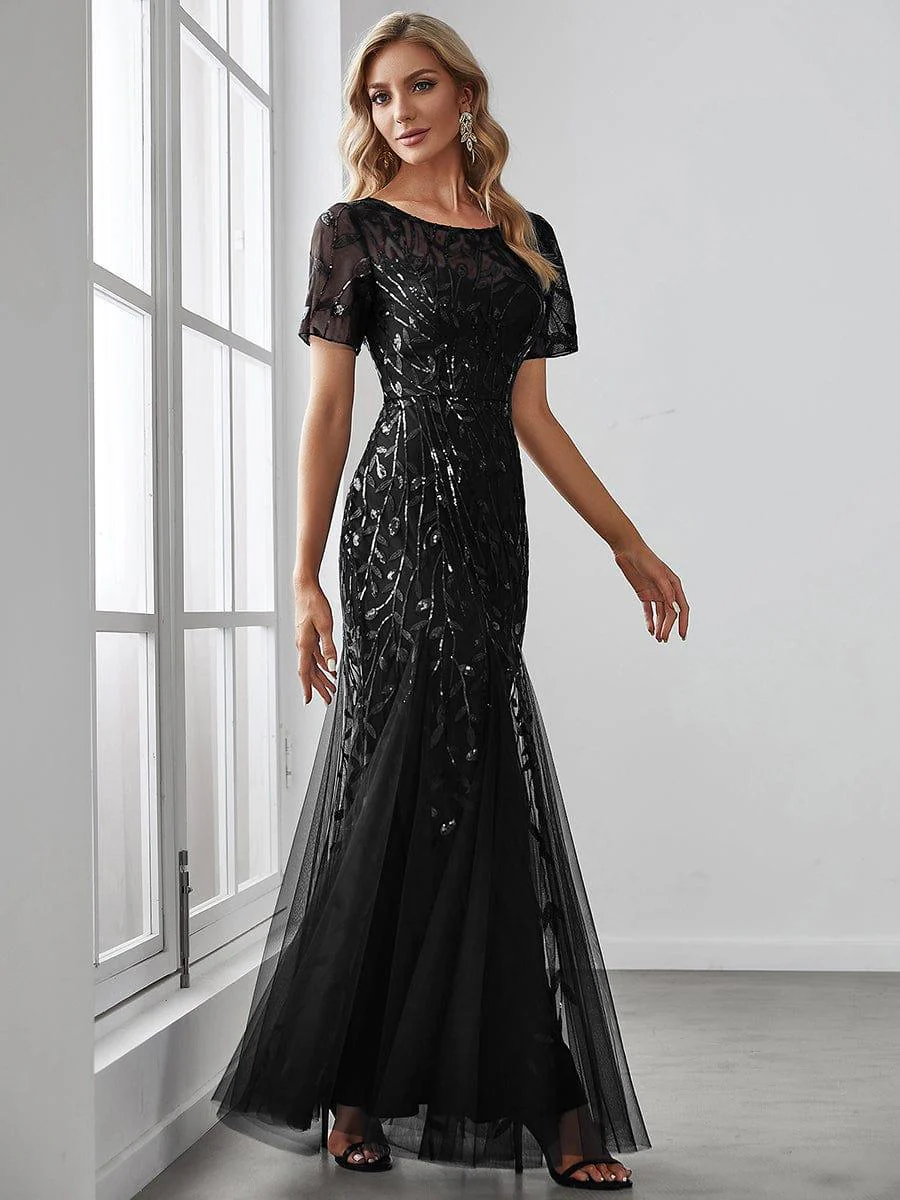 ever JADEN|Sequin Leaf Maxi Long Fishtail Tulle Prom Dresses With Half Sleeves - Image 51