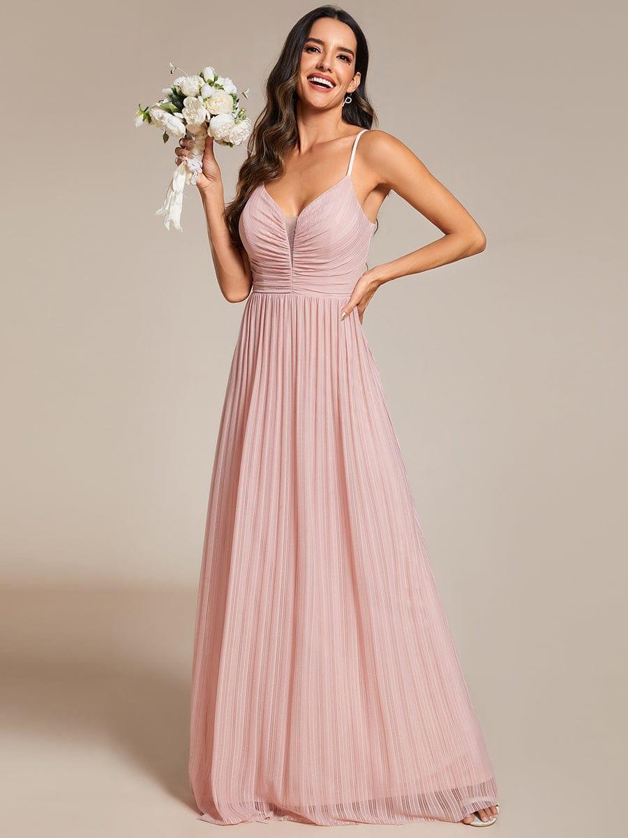 Glittering Pleated Spaghetti Straps Dress with Empire Waist In Pink - Image 4