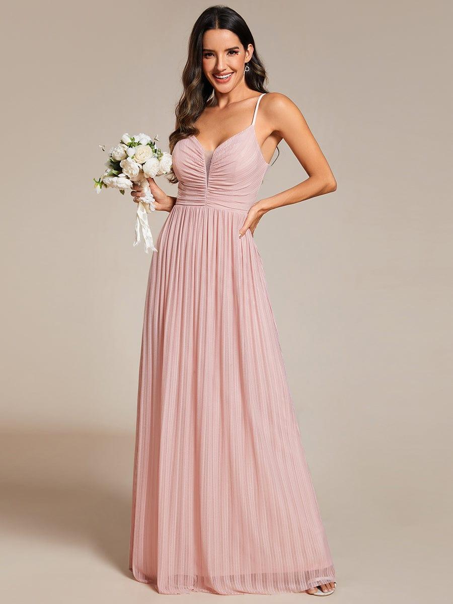 Glittering Pleated Spaghetti Straps Dress with Empire Waist In Pink - Image 5