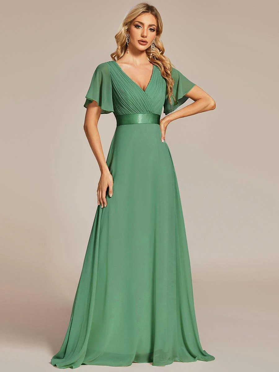 ever MONICA|Long Empire Waist Bridesmaid Dress with Short Flutter Sleeves - Image 100