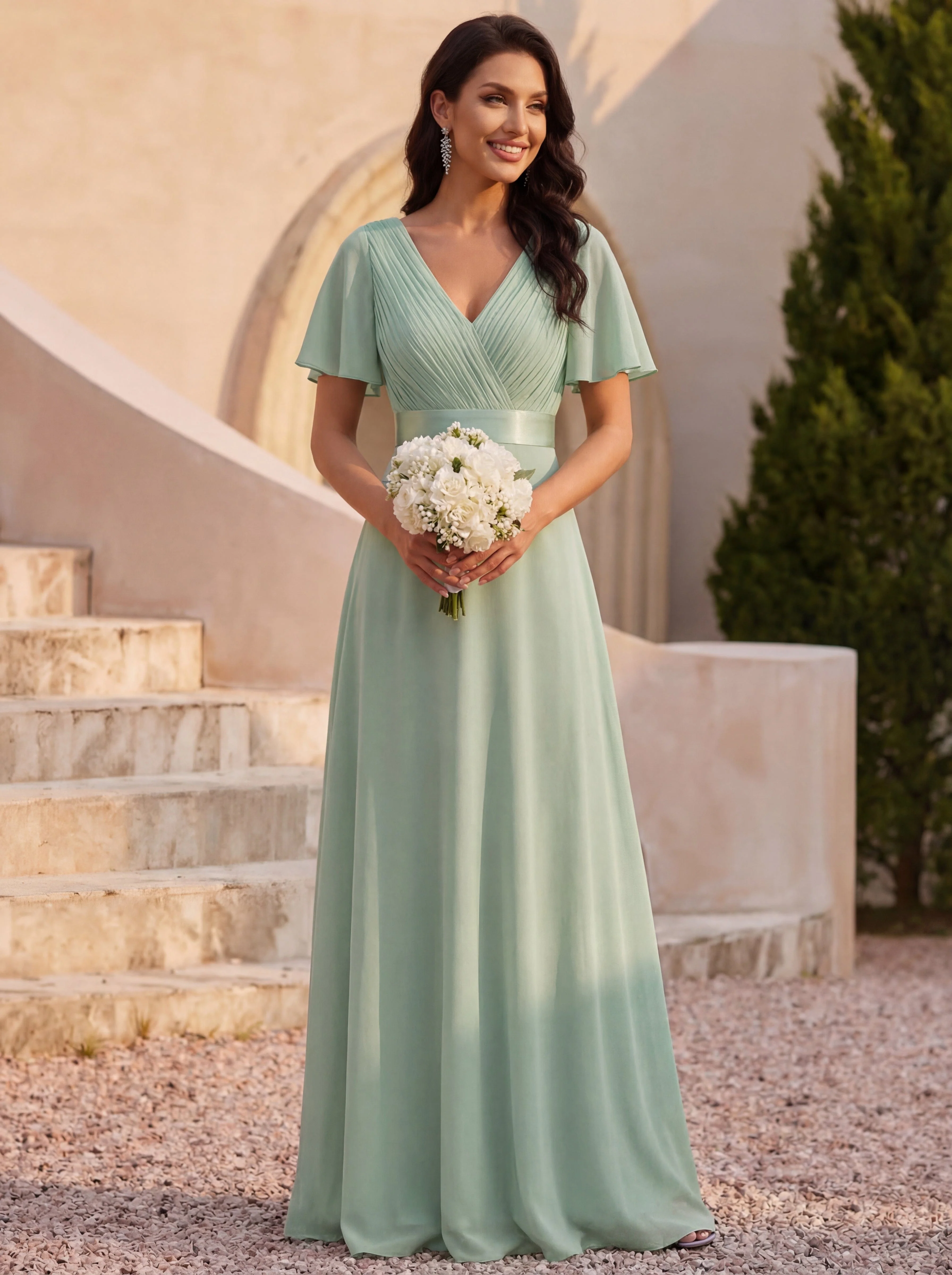 ever MONICA|Long Empire Waist Bridesmaid Dress with Short Flutter Sleeves - Image 109