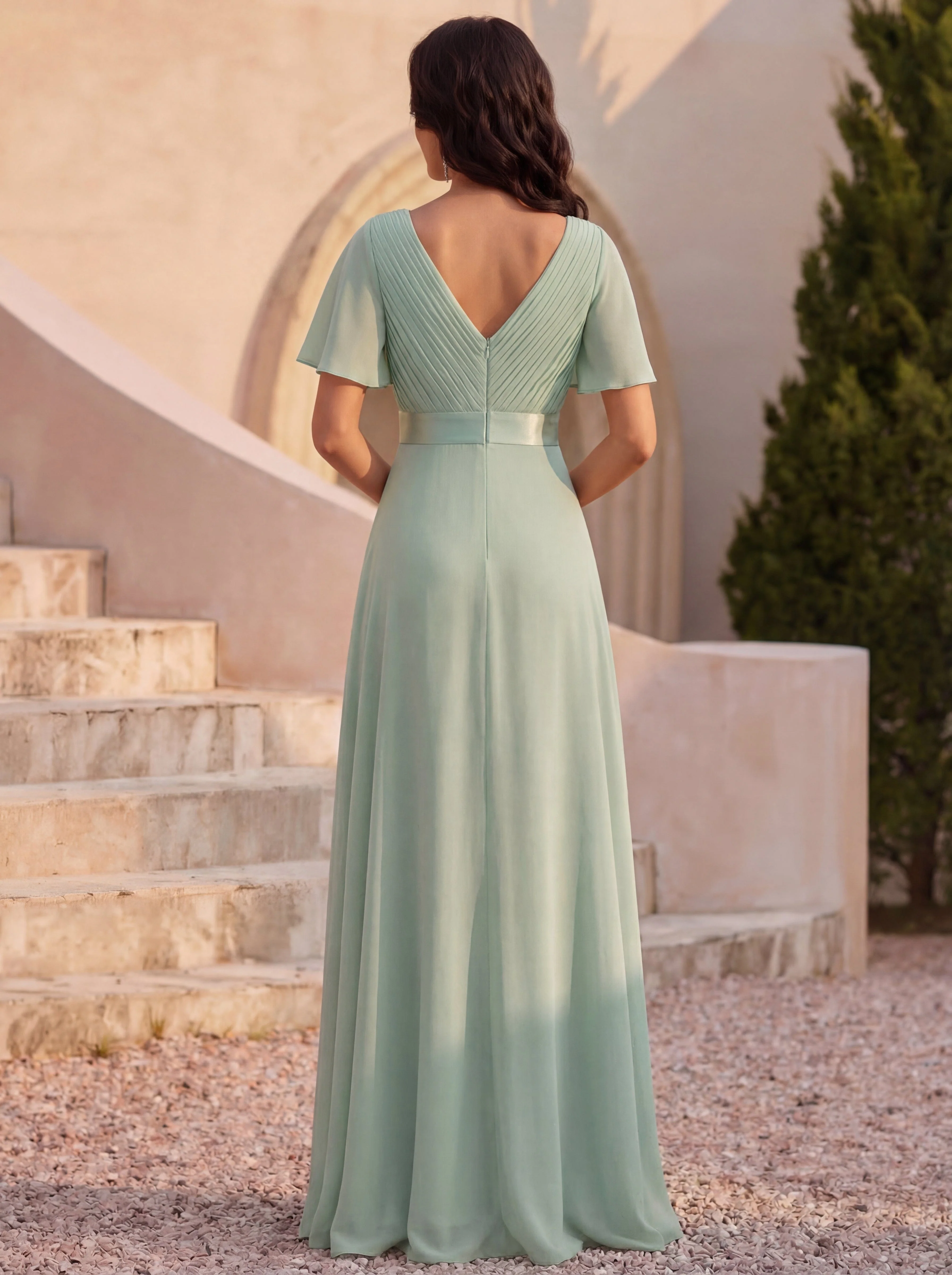 ever MONICA|Long Empire Waist Bridesmaid Dress with Short Flutter Sleeves - Image 110