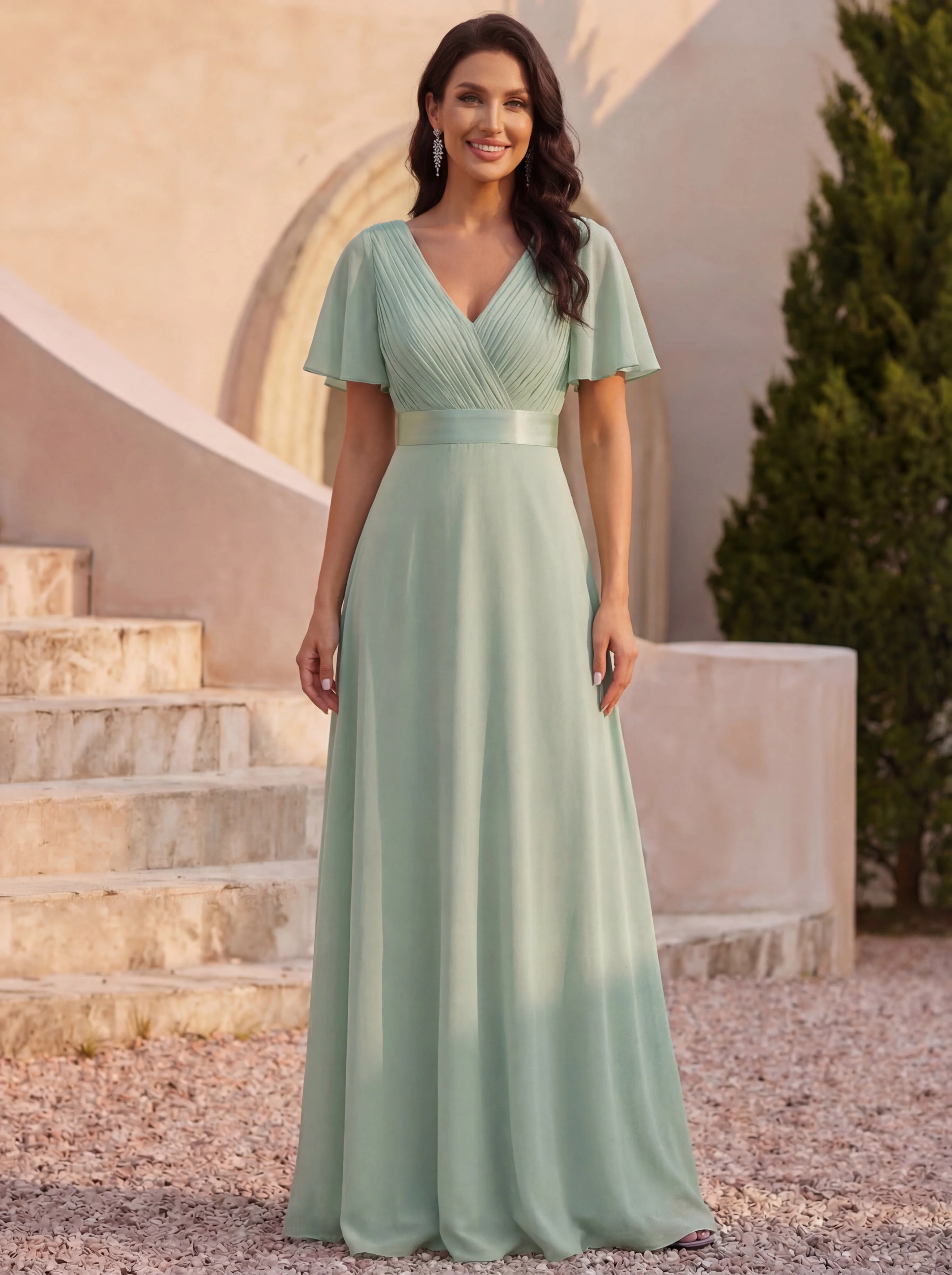 ever MONICA|Long Empire Waist Bridesmaid Dress with Short Flutter Sleeves - Image 112