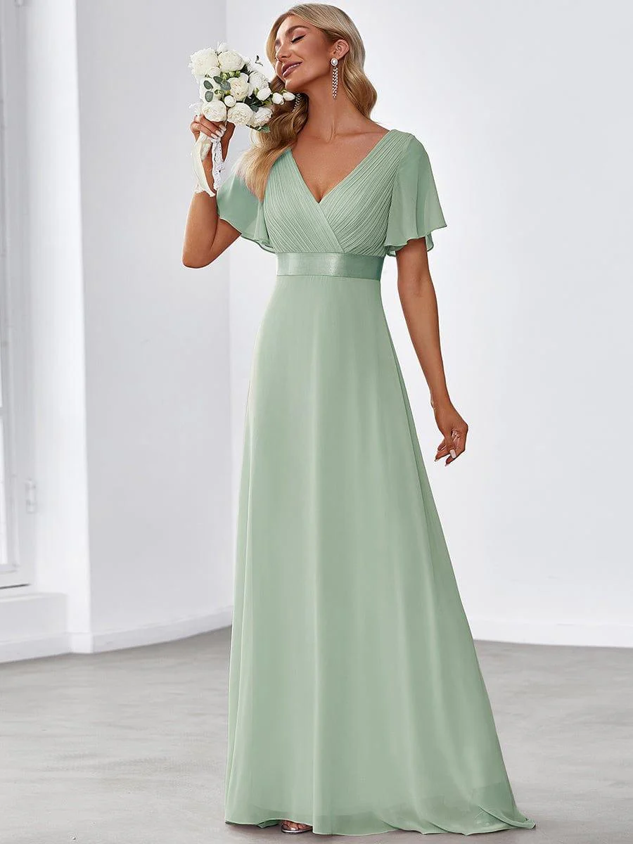 ever MONICA|Long Empire Waist Bridesmaid Dress with Short Flutter Sleeves - Image 116
