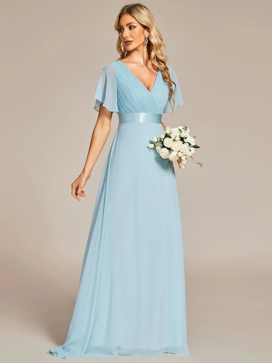 ever MONICA|Long Empire Waist Bridesmaid Dress with Short Flutter Sleeves - Image 125