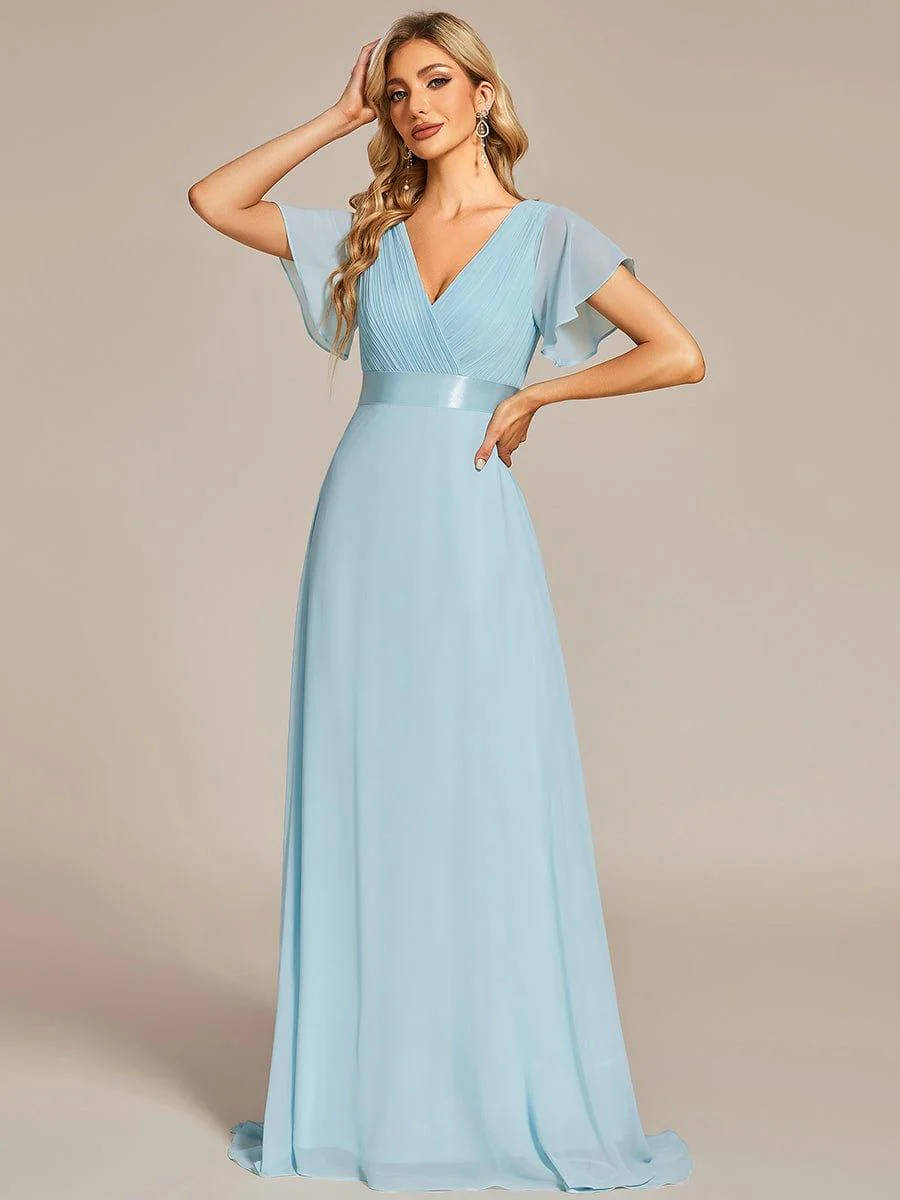 ever MONICA|Long Empire Waist Bridesmaid Dress with Short Flutter Sleeves - Image 128