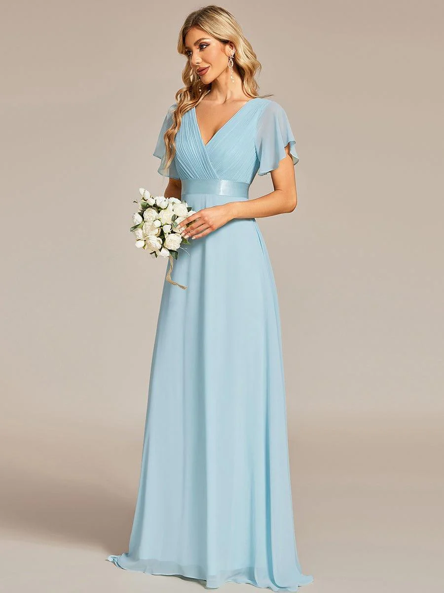 ever MONICA|Long Empire Waist Bridesmaid Dress with Short Flutter Sleeves - Image 129