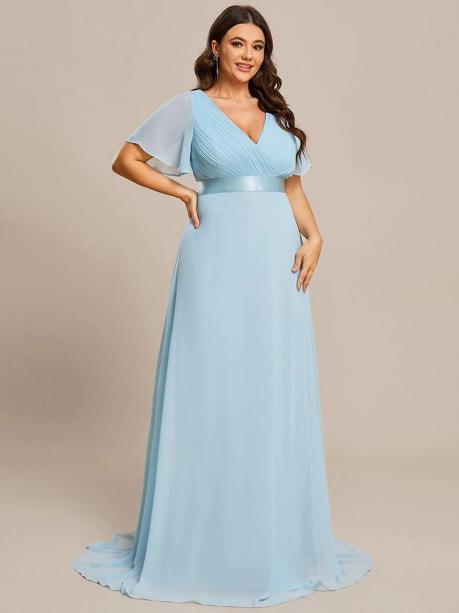 ever MONICA|Long Empire Waist Bridesmaid Dress with Short Flutter Sleeves - Image 130