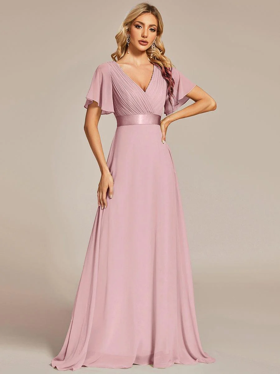 ever MONICA|Long Empire Waist Bridesmaid Dress with Short Flutter Sleeves - Image 135