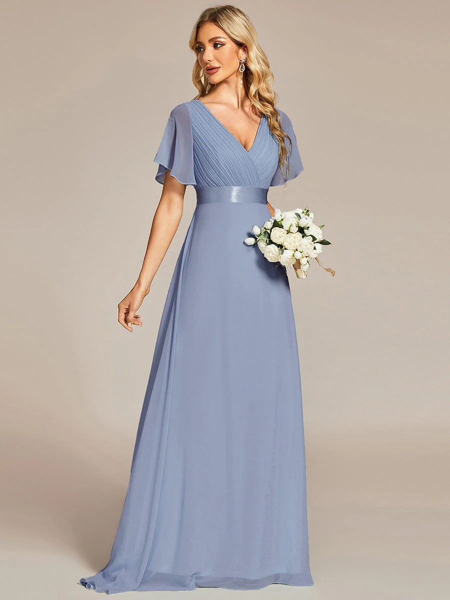 ever MONICA|Long Empire Waist Bridesmaid Dress with Short Flutter Sleeves - Image 140