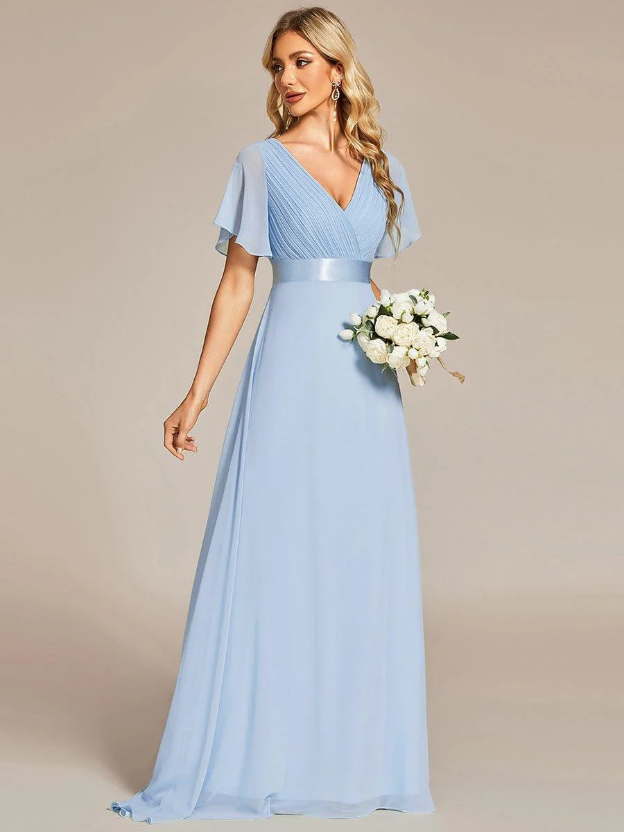 ever MONICA|Long Empire Waist Bridesmaid Dress with Short Flutter Sleeves - Image 148