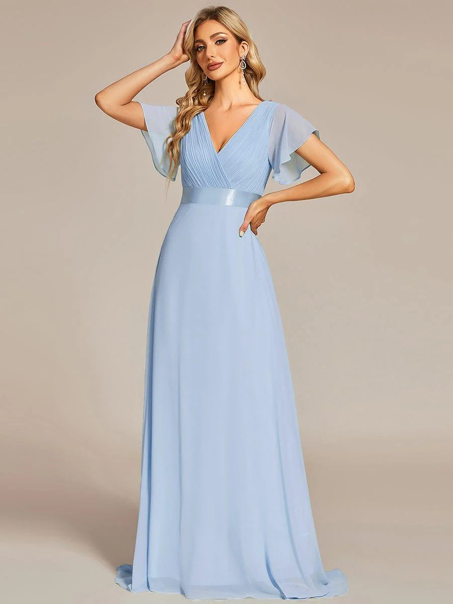 ever MONICA|Long Empire Waist Bridesmaid Dress with Short Flutter Sleeves - Image 152