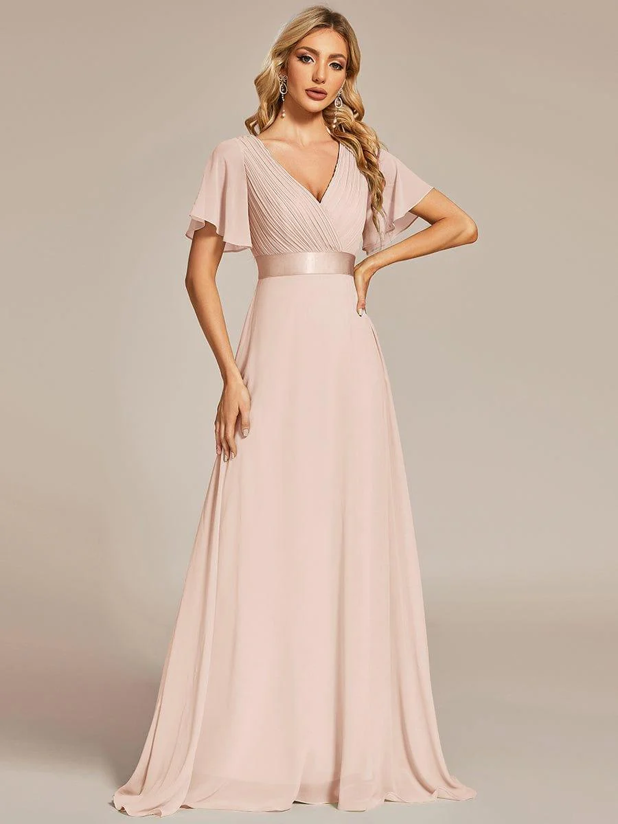 ever MONICA|Long Empire Waist Bridesmaid Dress with Short Flutter Sleeves - Image 156