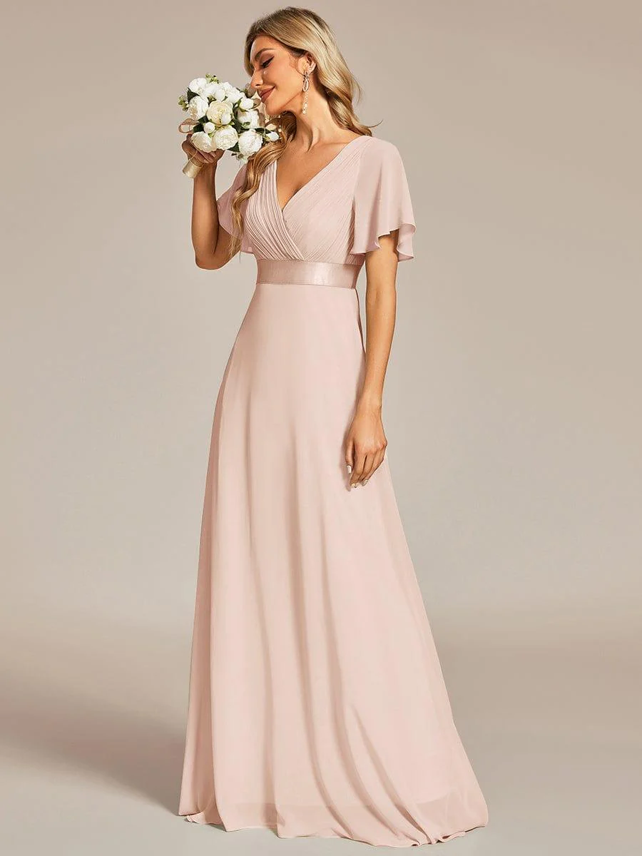 ever MONICA|Long Empire Waist Bridesmaid Dress with Short Flutter Sleeves - Image 159