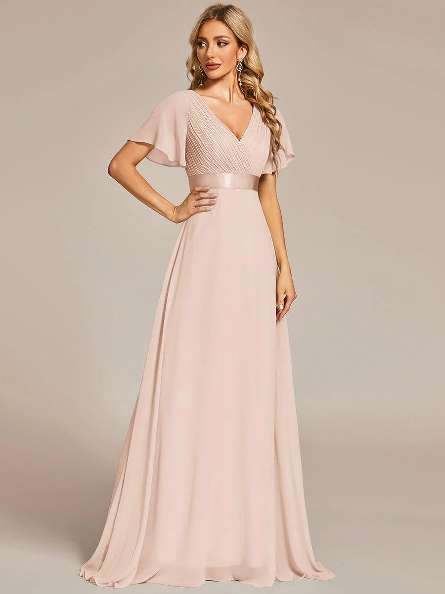 ever MONICA|Long Empire Waist Bridesmaid Dress with Short Flutter Sleeves - Image 160
