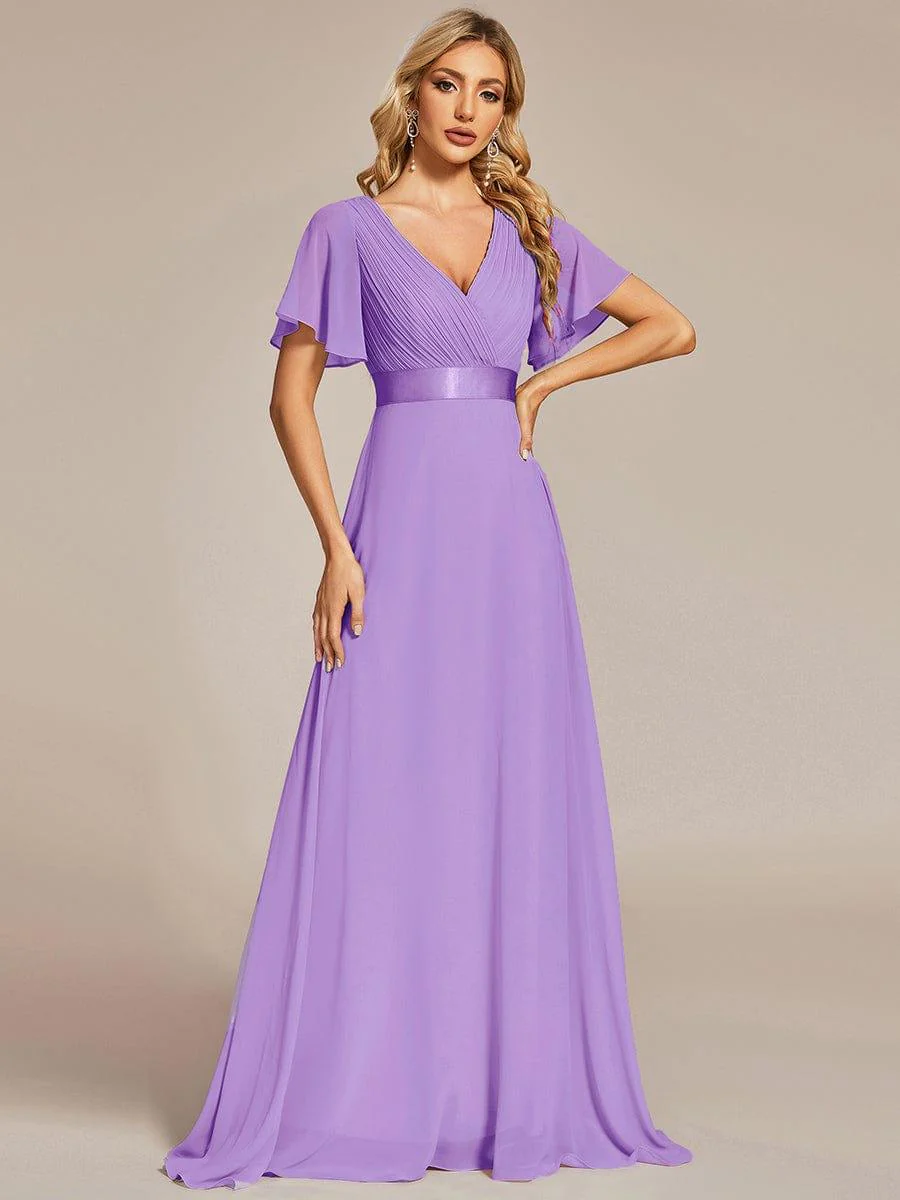 ever MONICA|Long Empire Waist Bridesmaid Dress with Short Flutter Sleeves - Image 164
