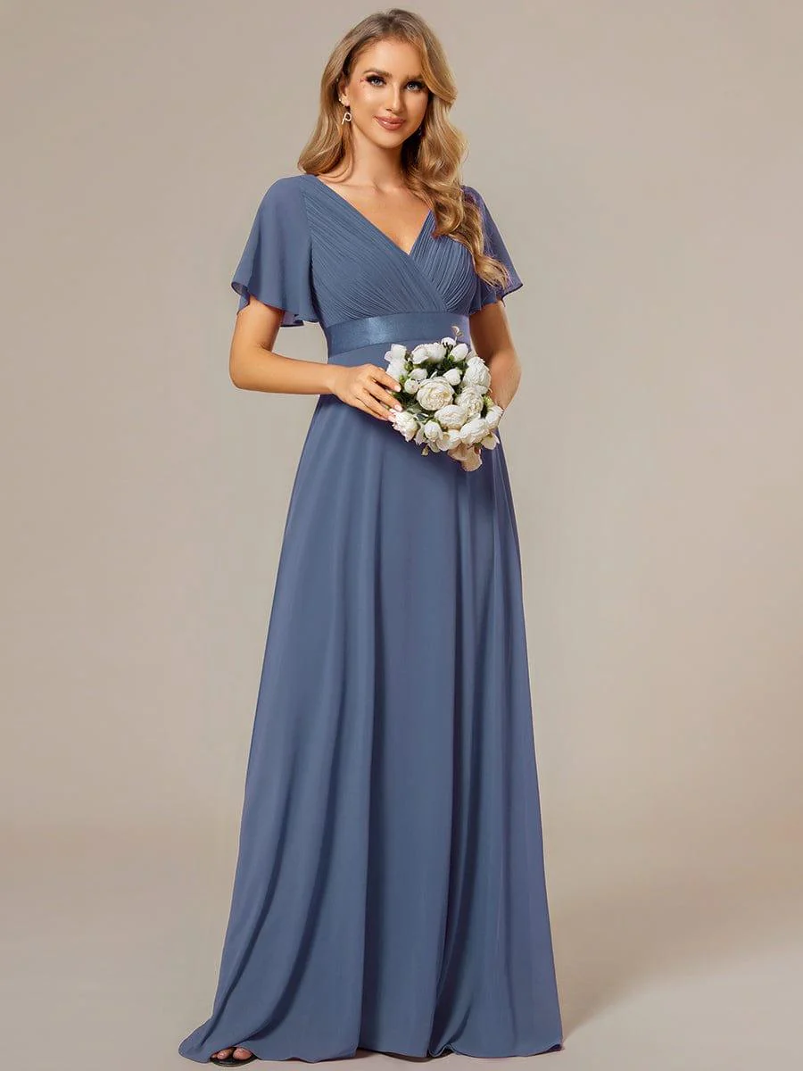 ever MONICA|Long Empire Waist Bridesmaid Dress with Short Flutter Sleeves - Image 174
