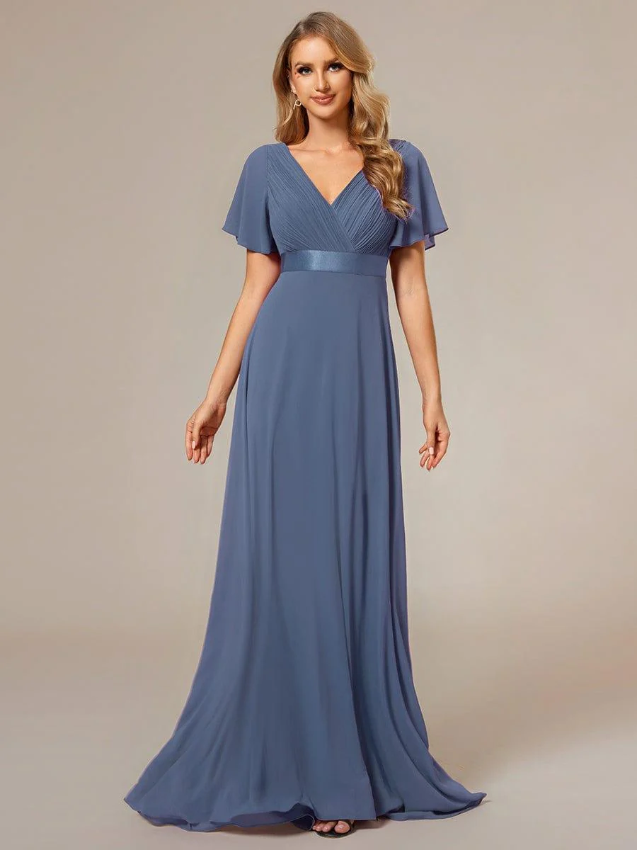 ever MONICA|Long Empire Waist Bridesmaid Dress with Short Flutter Sleeves - Image 177