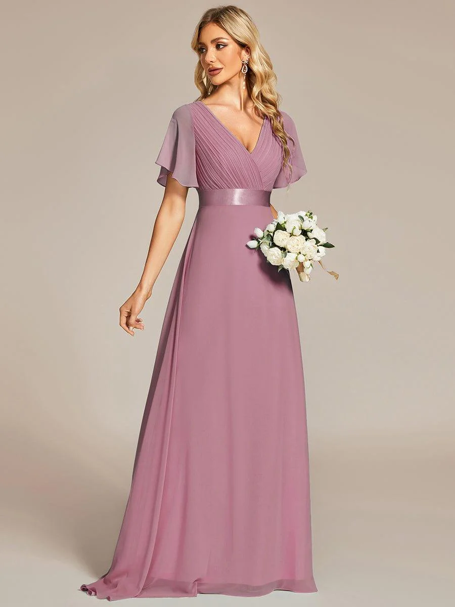 ever MONICA|Long Empire Waist Bridesmaid Dress with Short Flutter Sleeves - Image 186