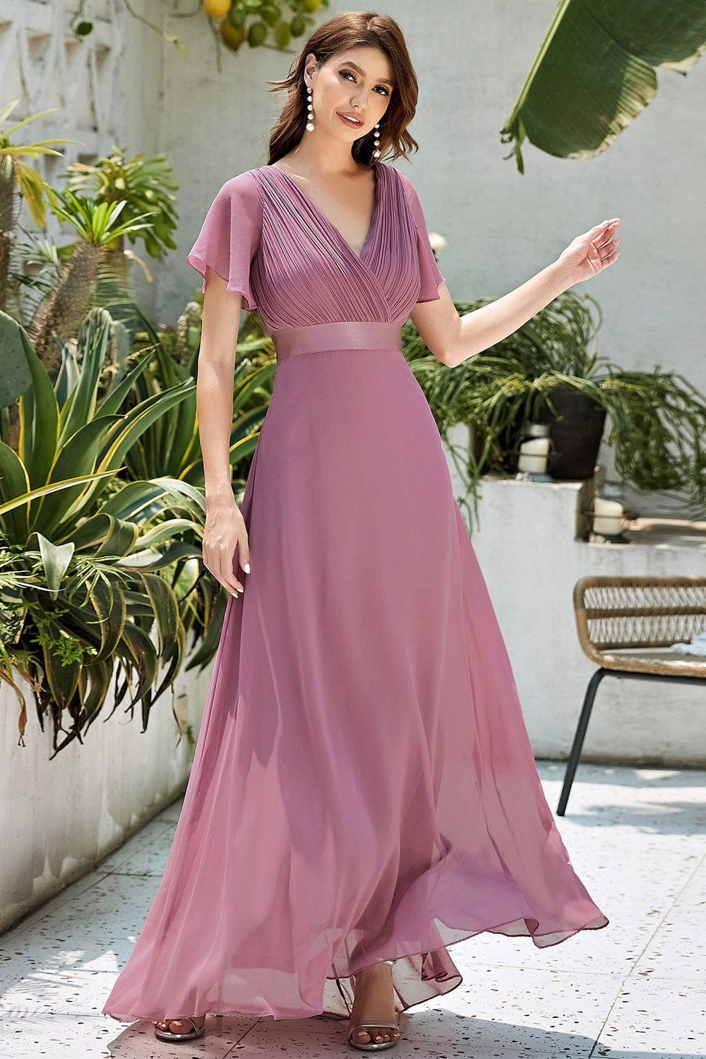 ever MONICA|Long Empire Waist Bridesmaid Dress with Short Flutter Sleeves - Image 189