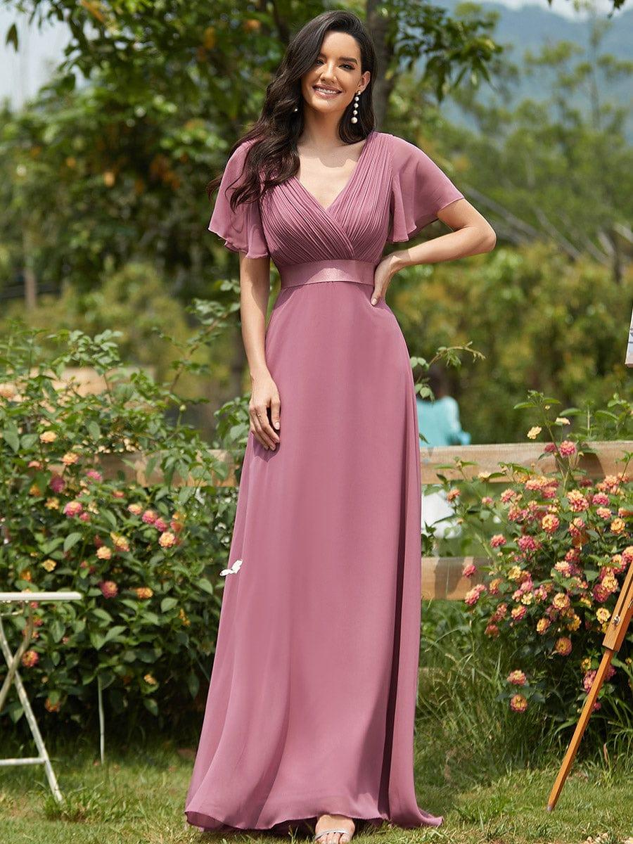 ever MONICA|Long Empire Waist Bridesmaid Dress with Short Flutter Sleeves - Image 190