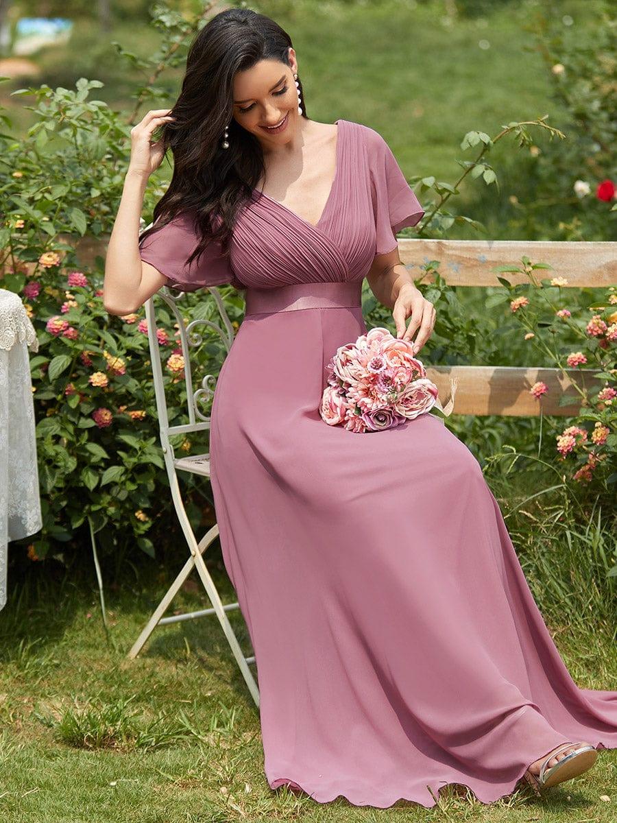 ever MONICA|Long Empire Waist Bridesmaid Dress with Short Flutter Sleeves - Image 191