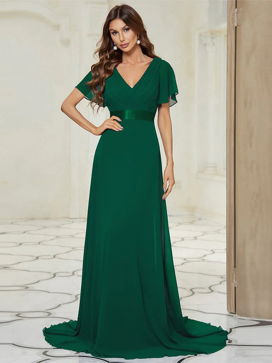 ever MONICA|Long Empire Waist Bridesmaid Dress with Short Flutter Sleeves - Image 207