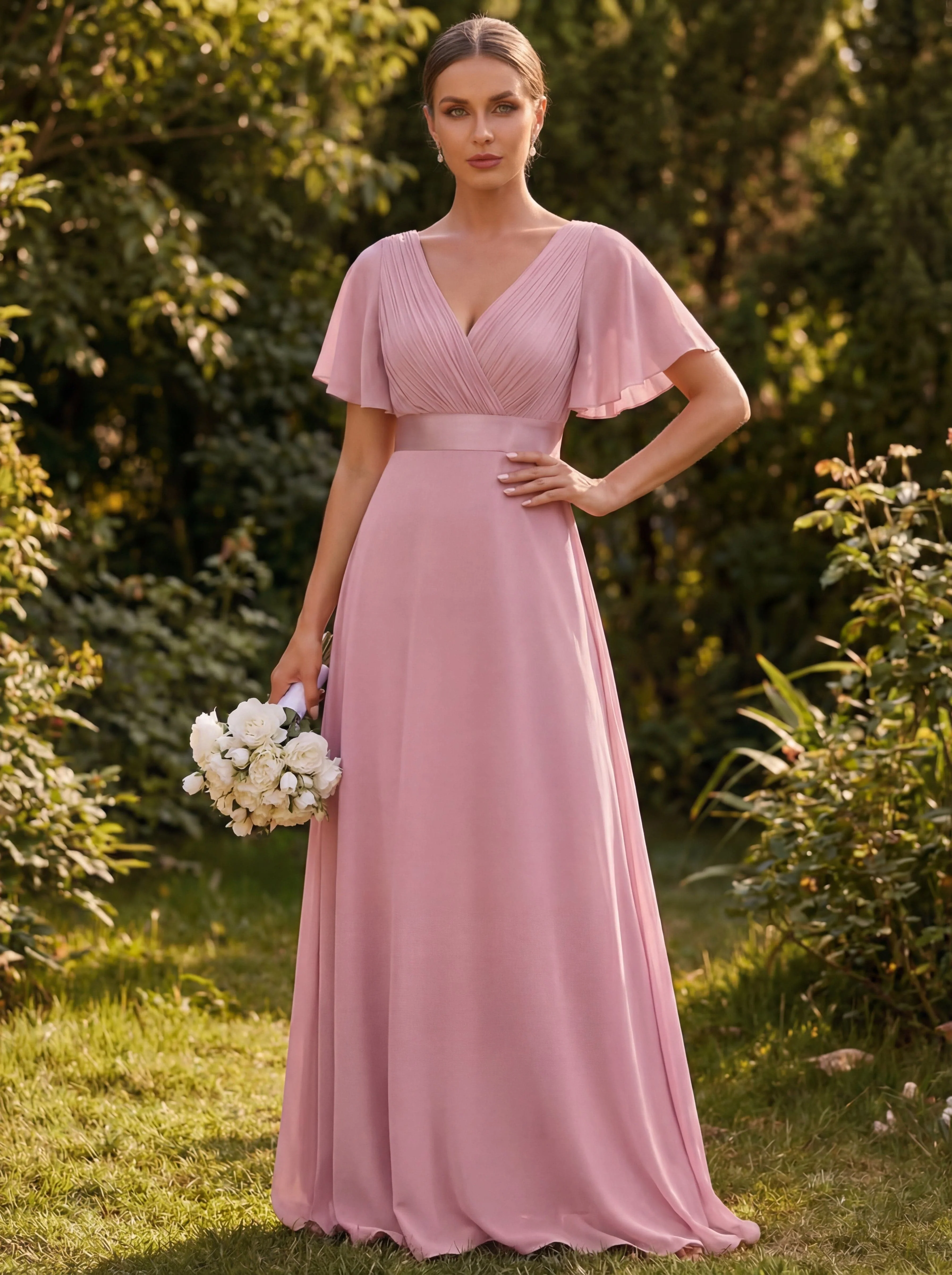ever MONICA|Long Empire Waist Bridesmaid Dress with Short Flutter Sleeves - Image 208