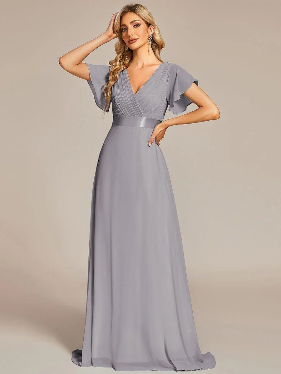 ever MONICA|Long Empire Waist Bridesmaid Dress with Short Flutter Sleeves - Image 21