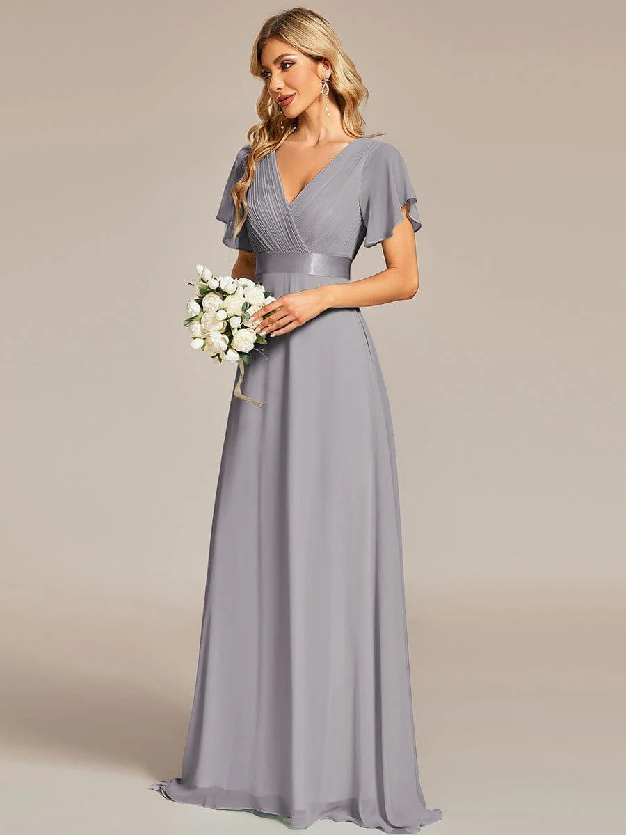 ever MONICA|Long Empire Waist Bridesmaid Dress with Short Flutter Sleeves - Image 22