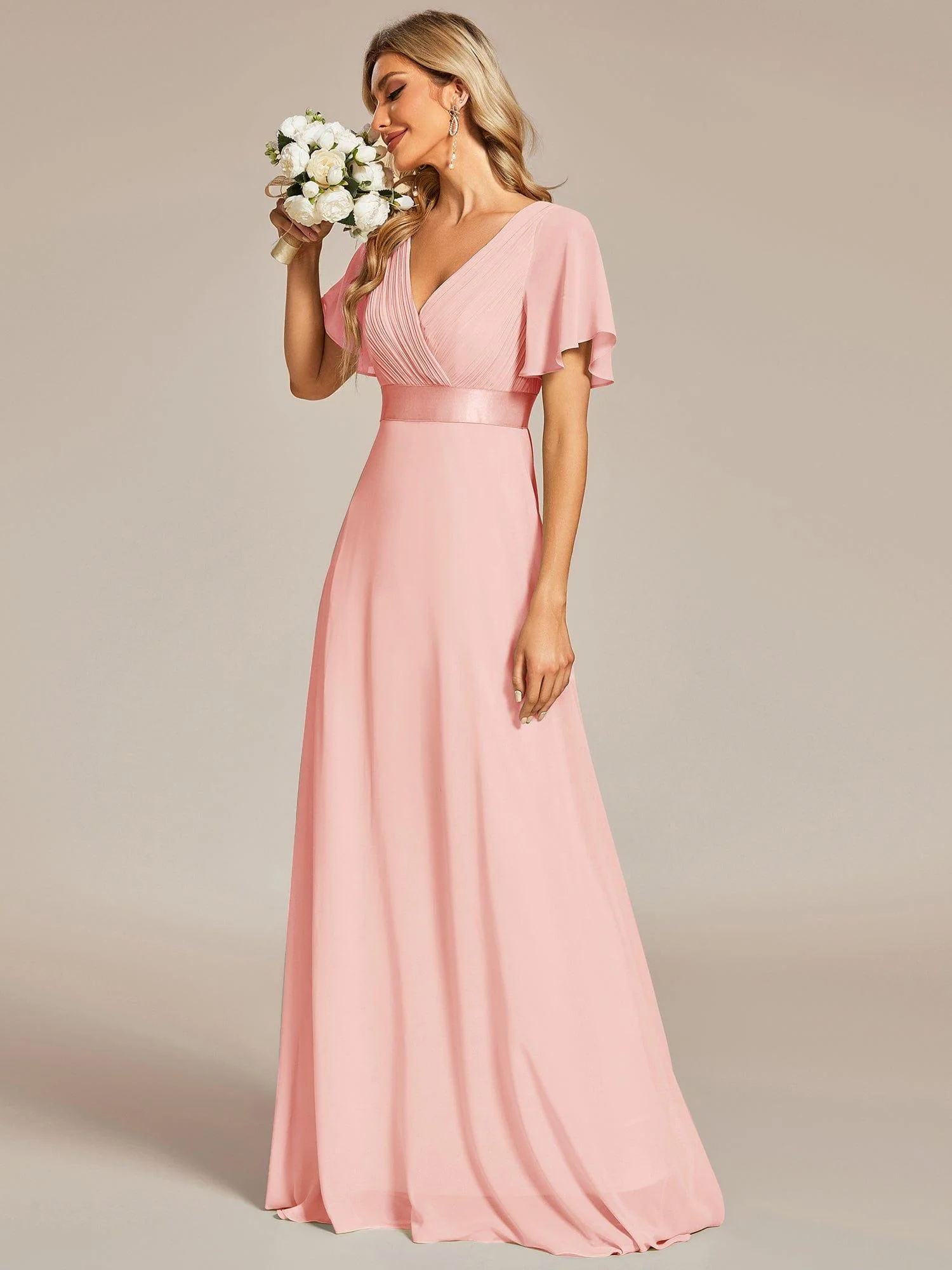 ever MONICA|Long Empire Waist Bridesmaid Dress with Short Flutter Sleeves - Image 26