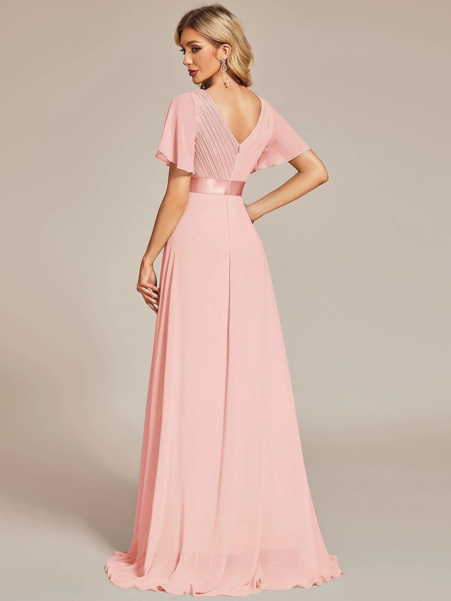 ever MONICA|Long Empire Waist Bridesmaid Dress with Short Flutter Sleeves - Image 27