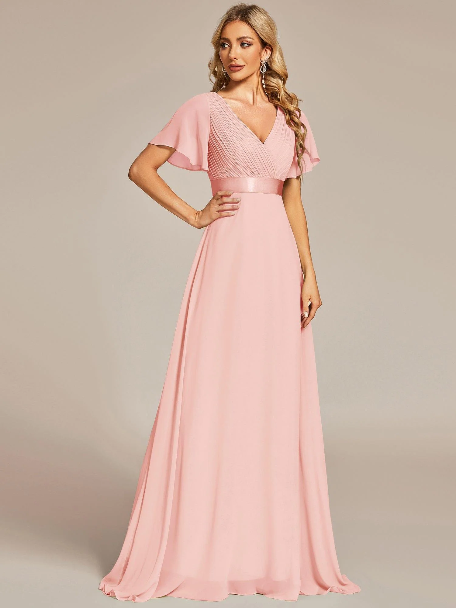 ever MONICA|Long Empire Waist Bridesmaid Dress with Short Flutter Sleeves - Image 28