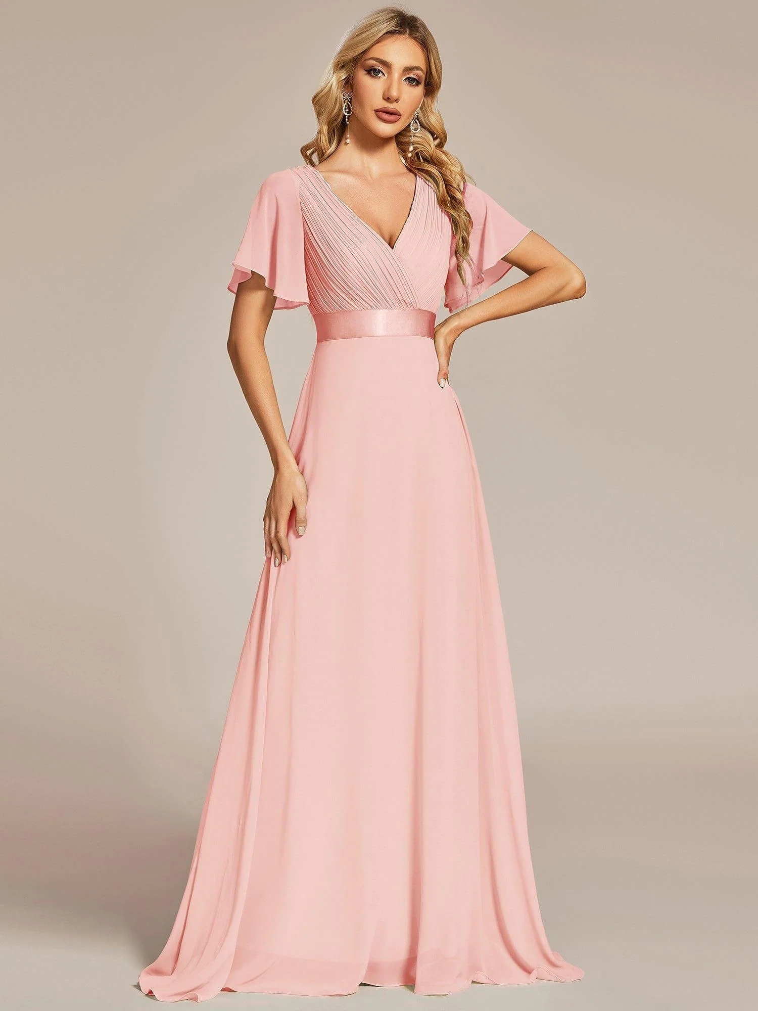 ever MONICA|Long Empire Waist Bridesmaid Dress with Short Flutter Sleeves - Image 29