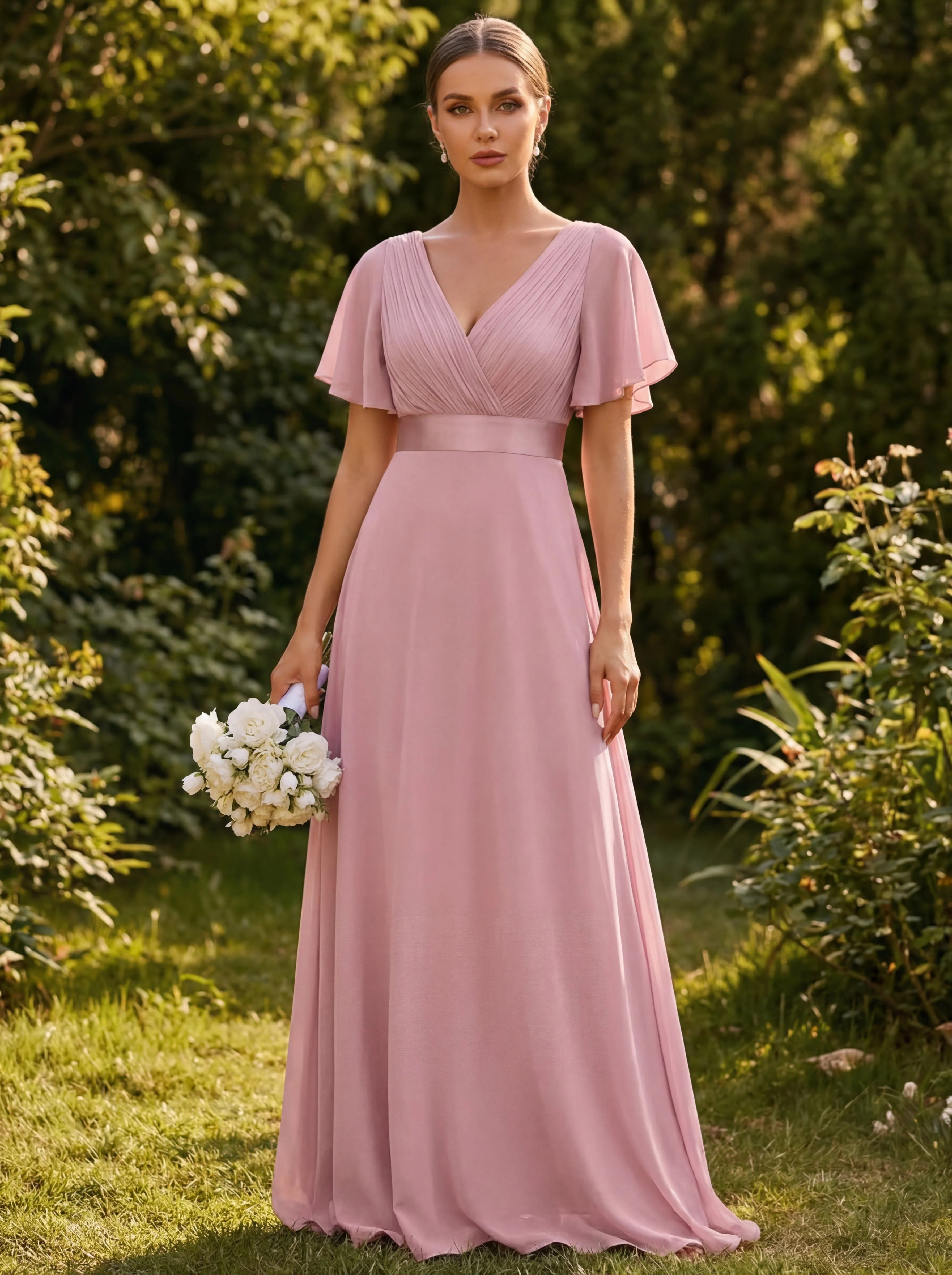 ever MONICA|Long Empire Waist Bridesmaid Dress with Short Flutter Sleeves - Image 3